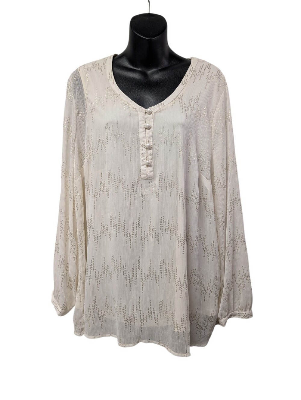 CJ Banks Ivory Silver Geometric Sequin Button V-Neck Lined Blouse 1X Plus